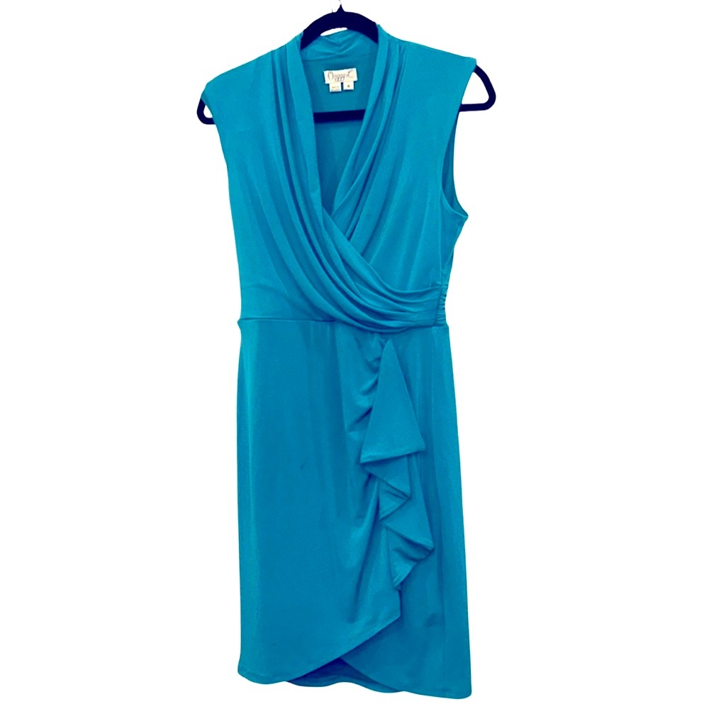 Draped Faux Wrap Ruffle Cocktail Wedding Guest Dress Teal Turquoise Size 4